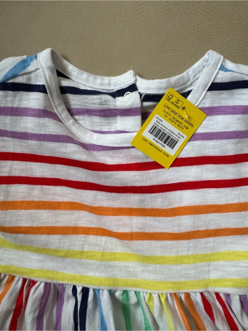 Primary Girls White Dress with Rainbow Stripes